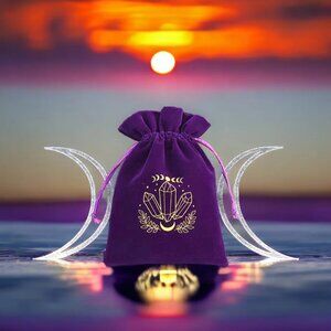 Soft Velvet Tarot Card & Crystal Drawstring Pouch Metaphysical - Purple & Gold
